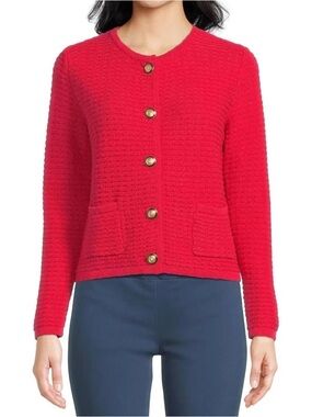 Red Geo stitch Button-Front Lady Cardigan